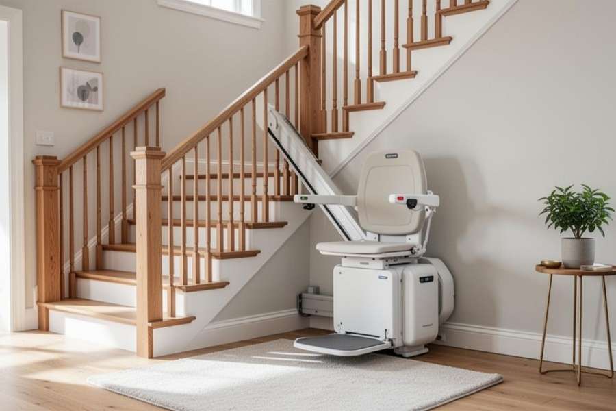 Un monte-escalier électrique installé au bas d'un escalier en bois dans un intérieur moderne.